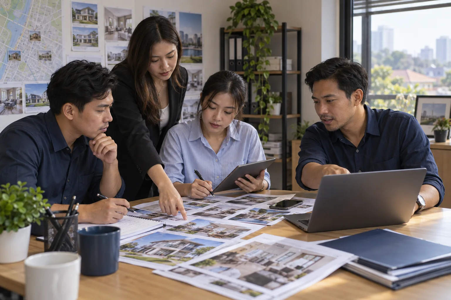 A property agency team reviewing listings and campaign sources together