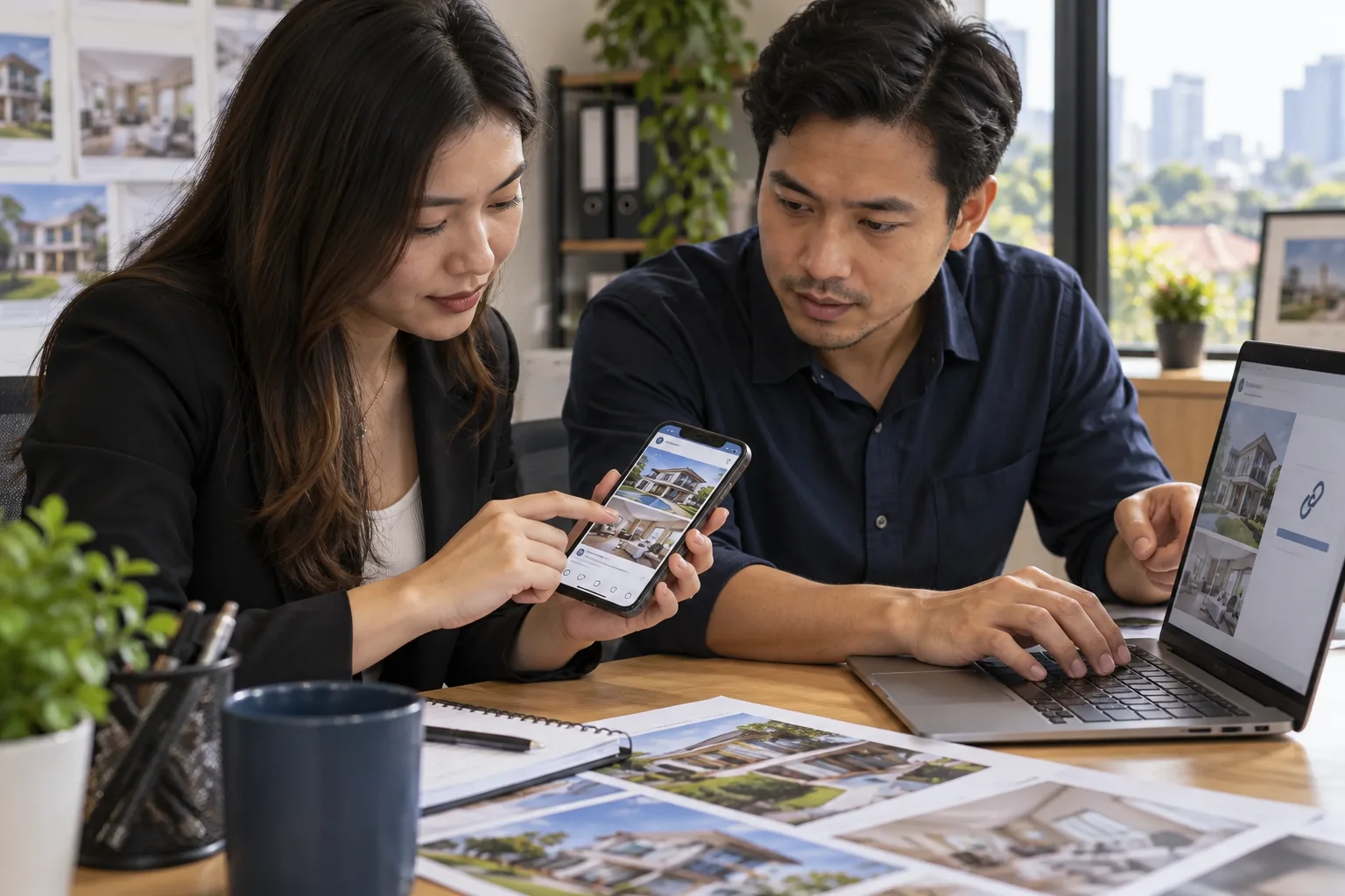 Two property-agency colleagues preparing a property post and its distinct sharing link