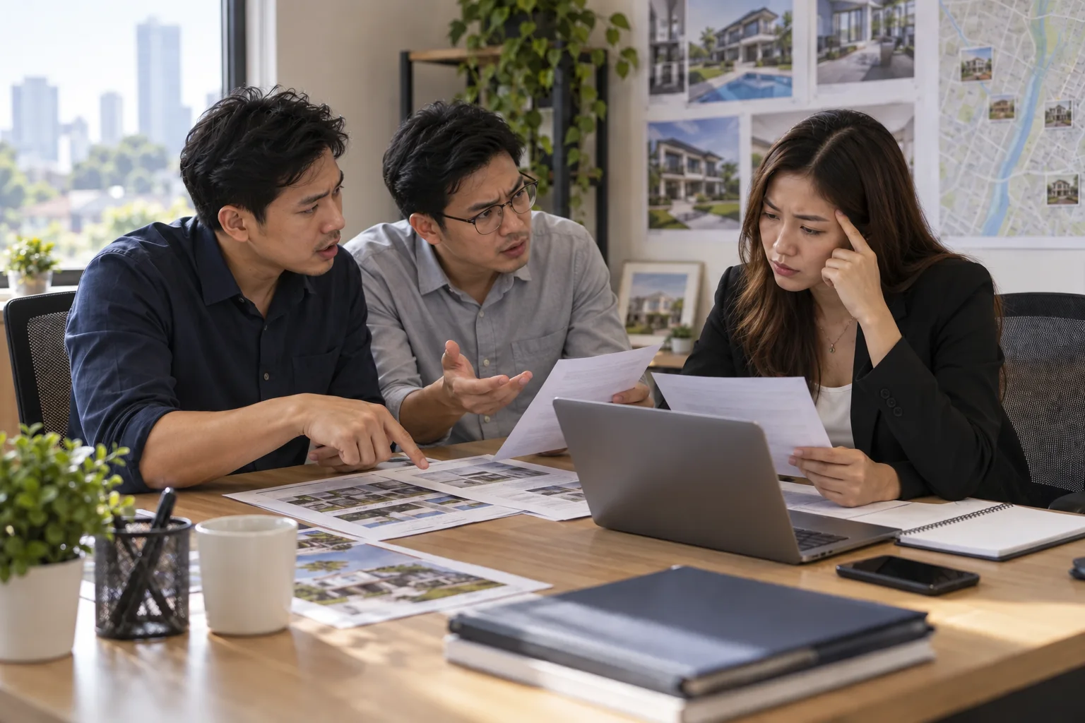 Illustrative scene of two property agents disputing a commission calculation with their manager over records at a desk
