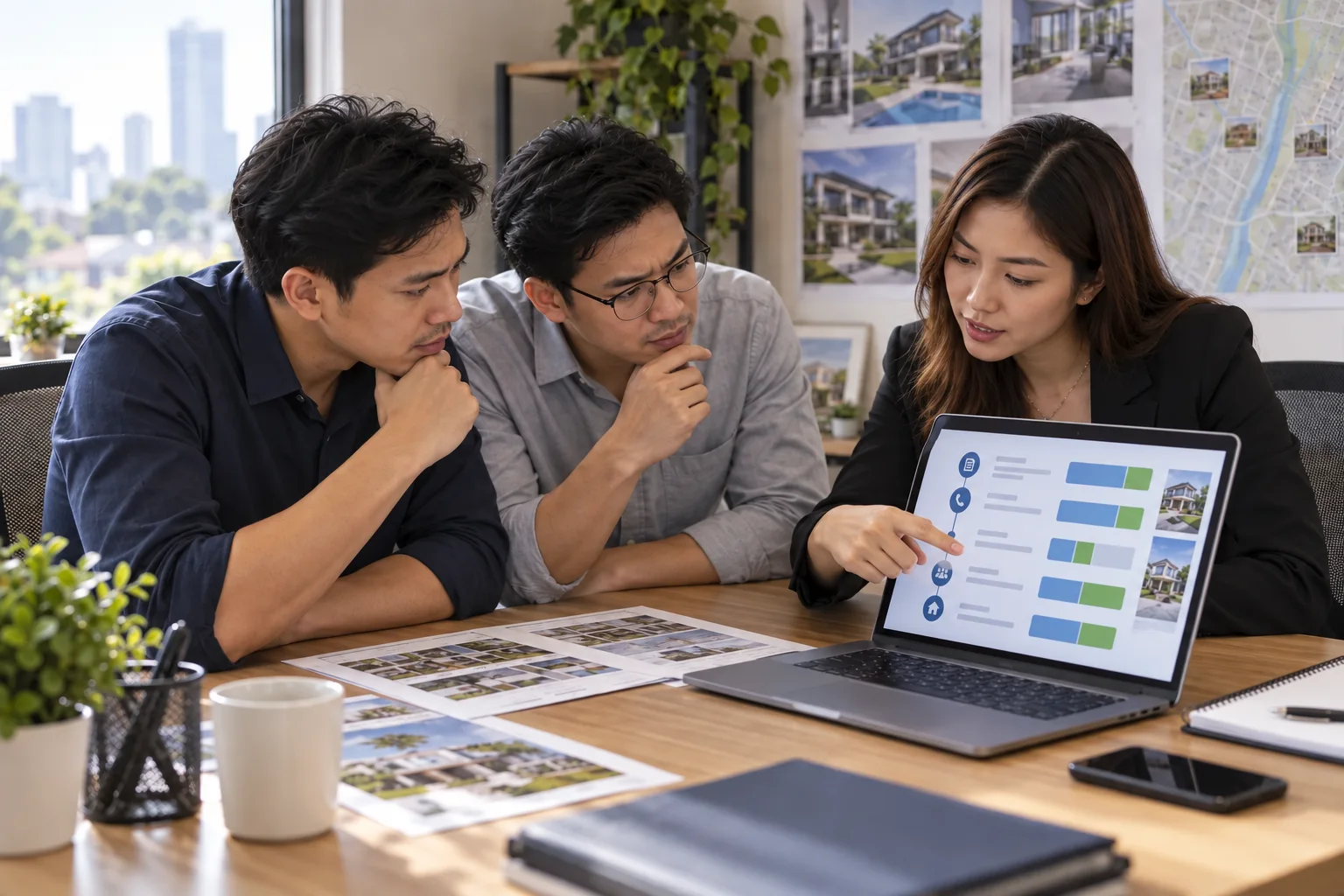 A manager explaining a commission allocation record to two property agents