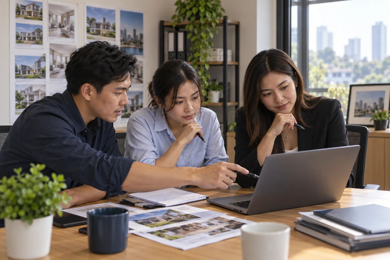 A manager and two agents calmly reviewing a shared transaction record together