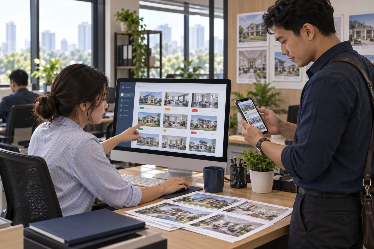 An office employee and a field agent checking the same property listings on desktop and mobile