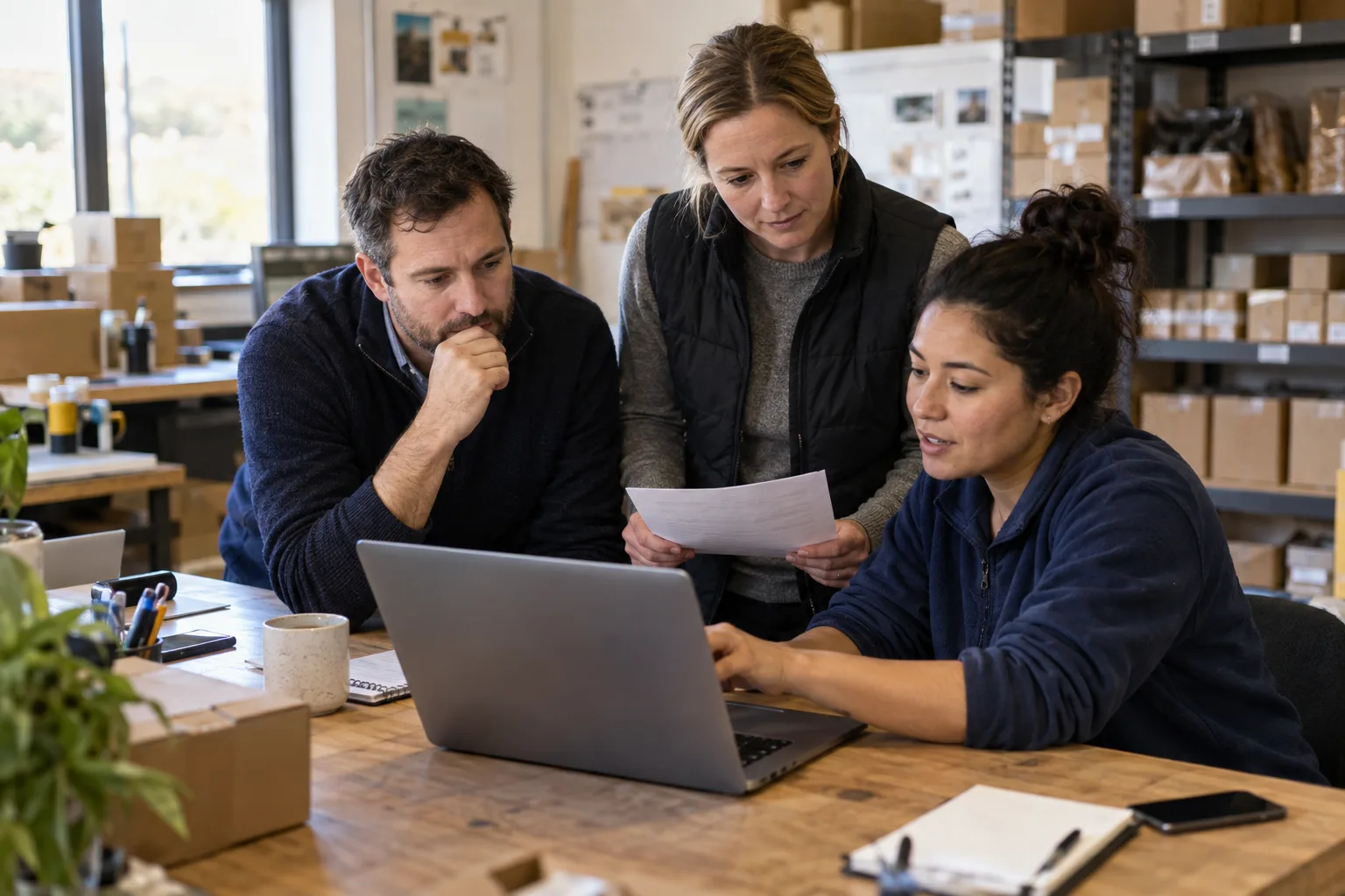 A small-business owner, technology partner and operations colleague review an enquiry workflow together