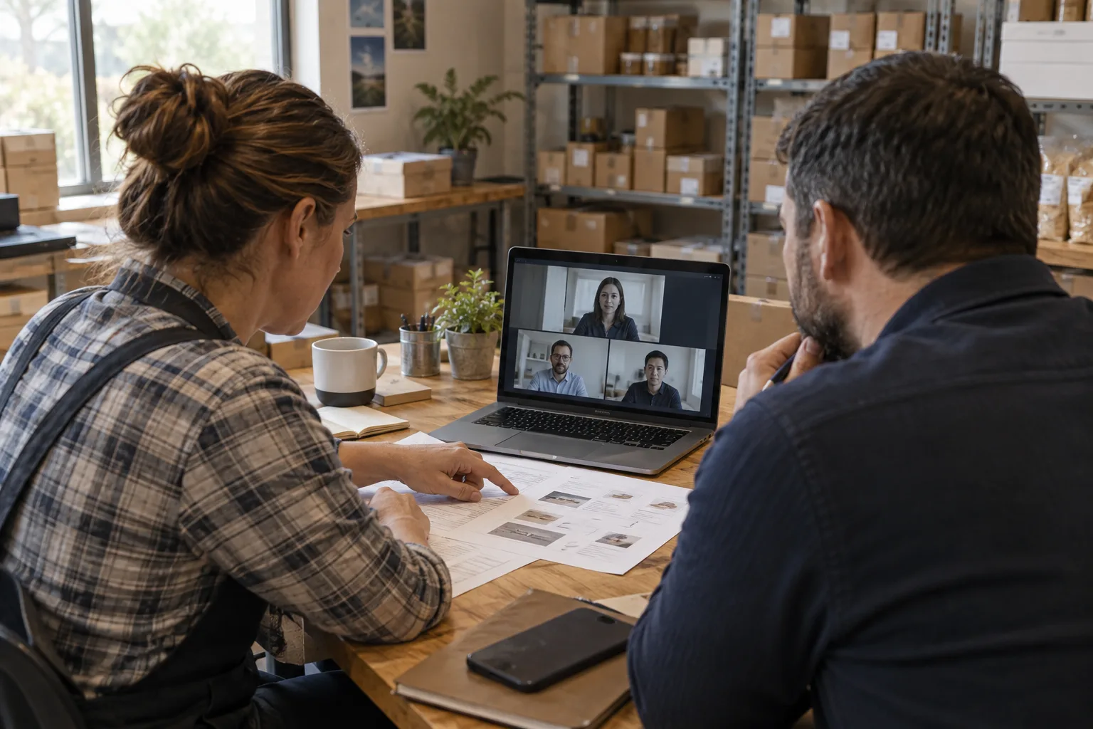 Business owner and technology partner review a vendor video meeting against printed workflow notes